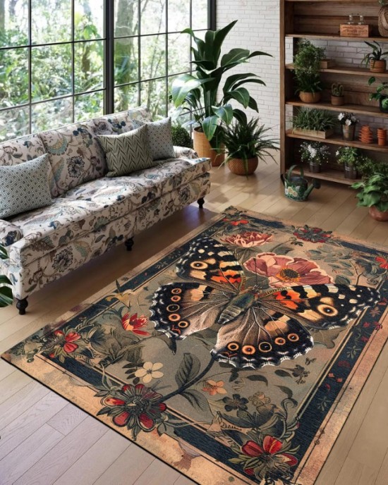 Cross-border temu new Nordic butterfly floral rug, stain-resistant and wear-resistant doormat, easy-care large rug for the living room sofa Cross-border temu new Nordic butterfly floral rug, stain-resistant and wear-resistant doormat, easy-care large rug for the living room sofa