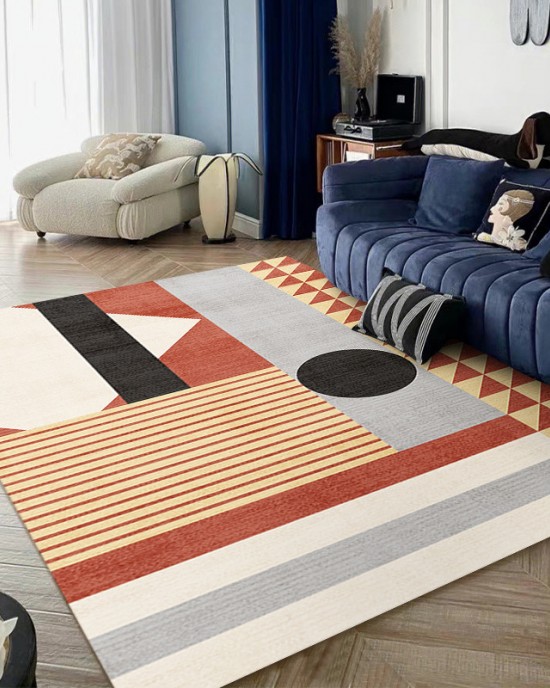 Modern geometric living room carpet, 3D printed sofa coffee table rug, horizontal wall-to-wall living room floor mat.