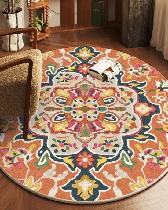 TEMU dropshipping round Persian print carpet for home use. Decorative stain-resistant bedside rug, non-slip hanging basket chair mat