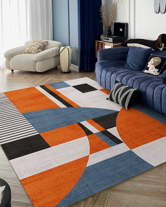 Modern geometric living room carpet, 3D printed sofa coffee table rug, horizontal wall-to-wall living room floor mat.