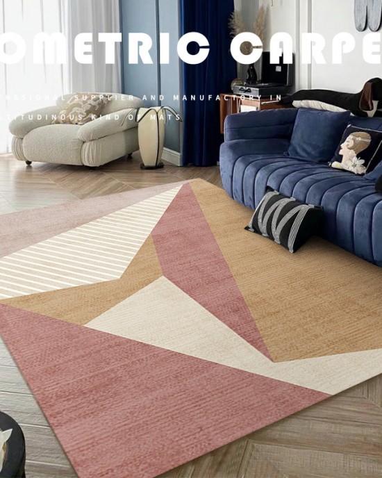 Modern geometric living room carpet, 3D printed sofa coffee table rug, horizontal wall-to-wall living room floor mat.