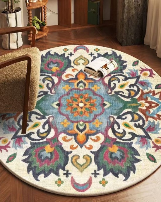 TEMU dropshipping round Persian print carpet for home use. Decorative stain-resistant bedside rug, non-slip hanging basket chair mat