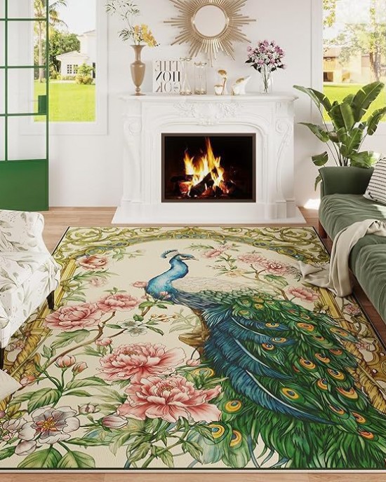 Amazon's American peacock print decorative floor mats, durable and stain-resistant coffee table rugs for the living room, bedroom cooling mats.