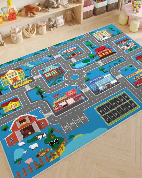 Cartoon children's parking lot patterned play rug, living room decorative rug, bedroom bedside blanket, in stock for dropshipping