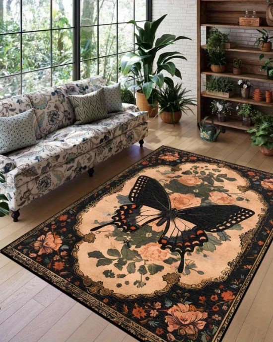 Cross-border temu new Nordic butterfly floral rug, stain-resistant and wear-resistant doormat, easy-care large rug for the living room sofa Cross-border temu new Nordic butterfly floral rug, stain-resistant and wear-resistant doormat, easy-care large rug for the living room sofa