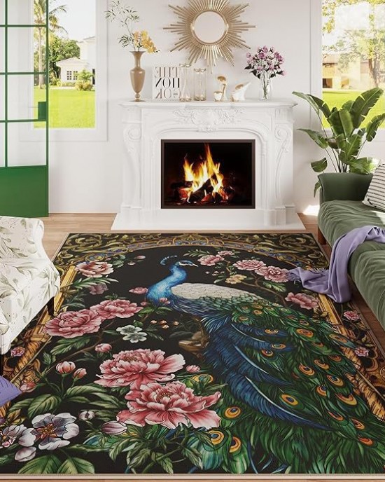 Amazon's American peacock print decorative floor mats, durable and stain-resistant coffee table rugs for the living room, bedroom cooling mats.