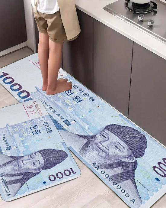 Temu cross-border Korean won printed striped floor mats for kitchens, non-slip and stain-resistant, easy-care mats with labeling.