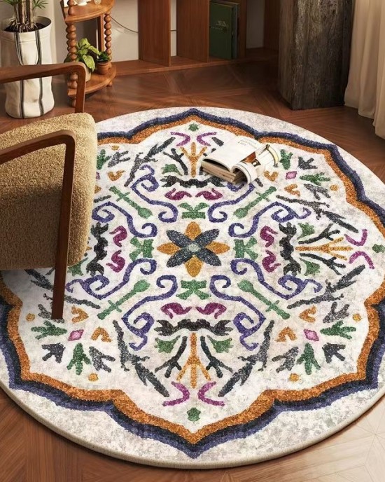 TEMU dropshipping round Persian print carpet for home use. Decorative stain-resistant bedside rug, non-slip hanging basket chair mat