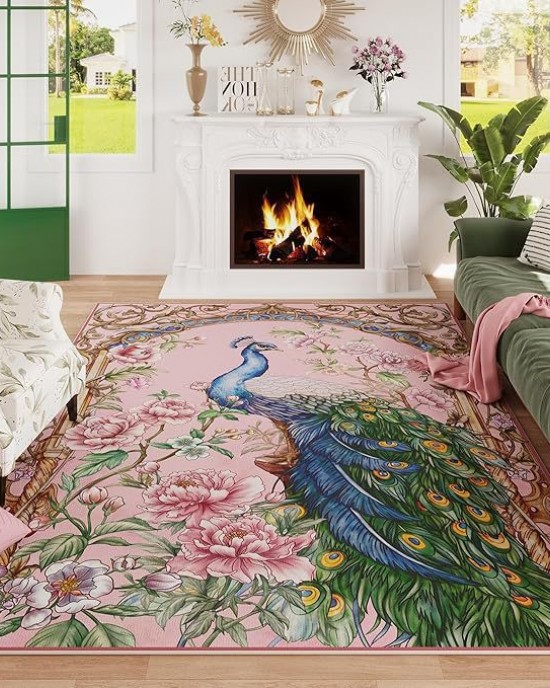 Amazon's American peacock print decorative floor mats, durable and stain-resistant coffee table rugs for the living room, bedroom cooling mats.